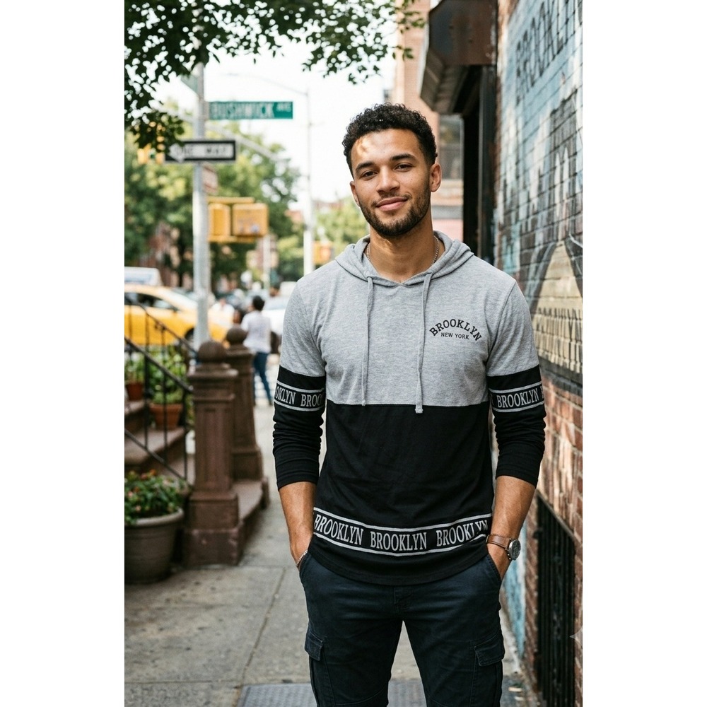 On Fire Brooklyn New York Gray Black Colorblock Graphic Hoodie Shirt Mens L